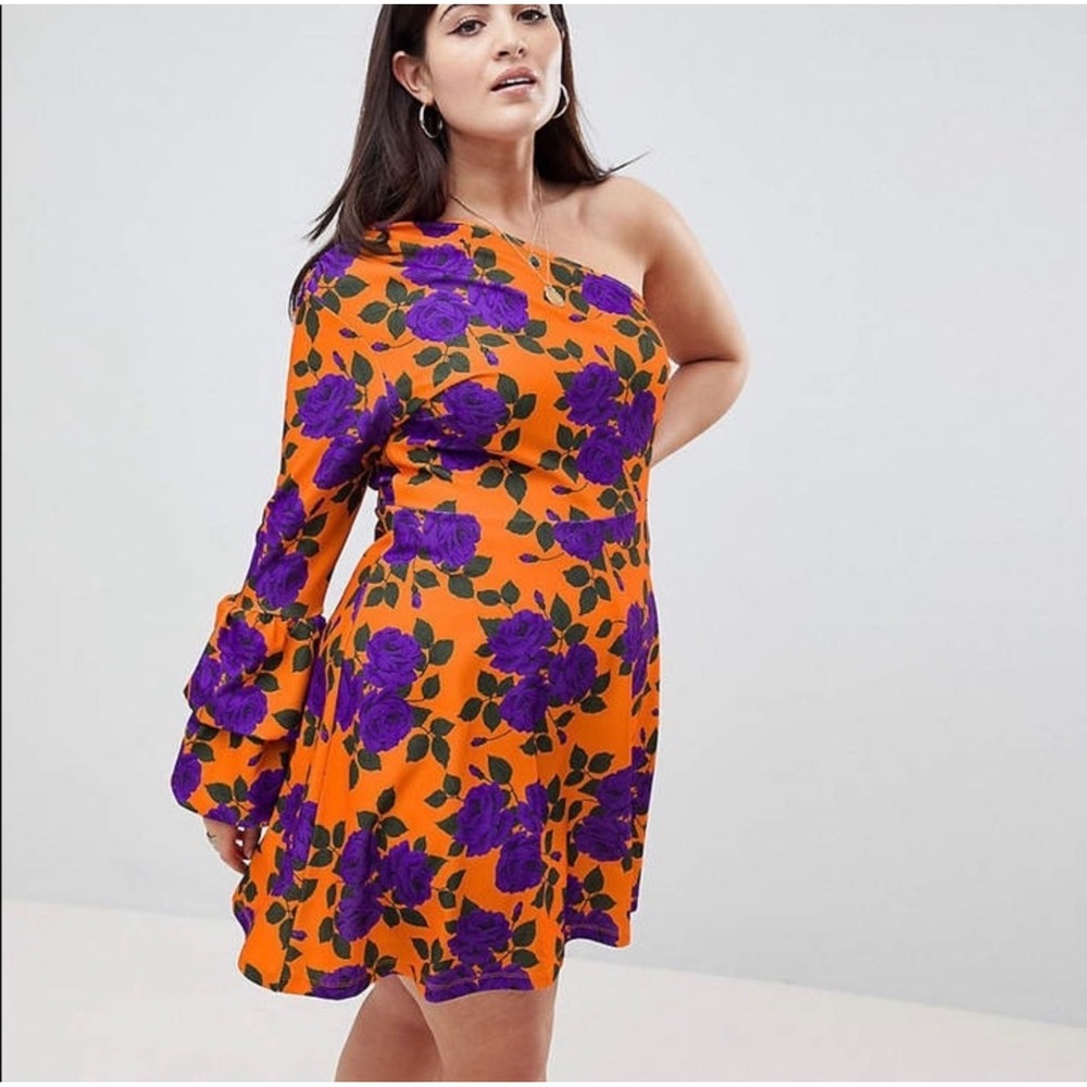 Asos - Floral One Shoulder Fit &‎ Flare Dress Orange and Purple Plus Size 14